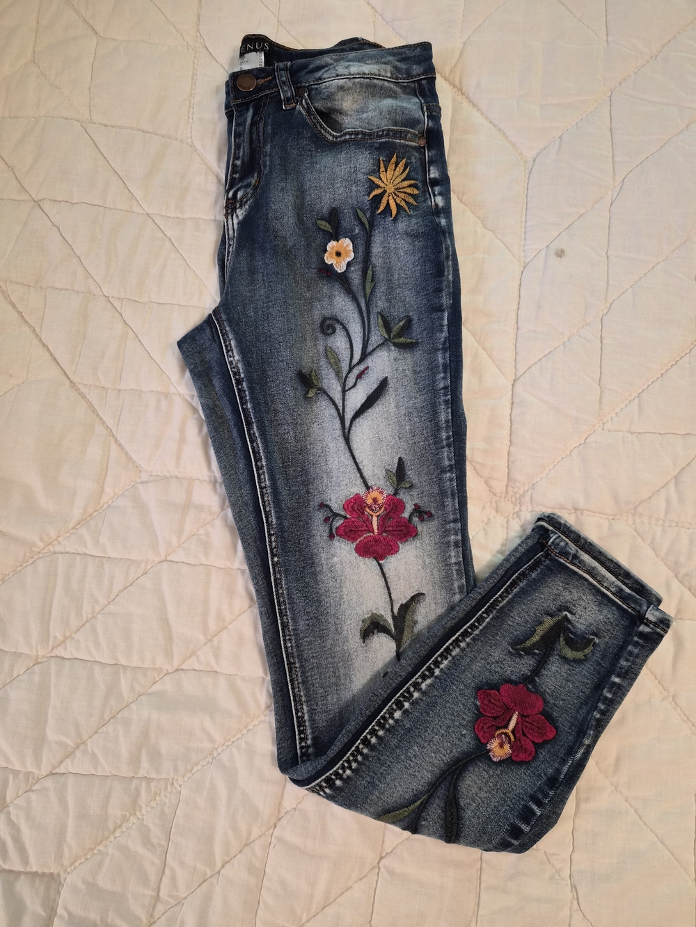 VENUS Blue Skinny Jeans with Floral Embroidery